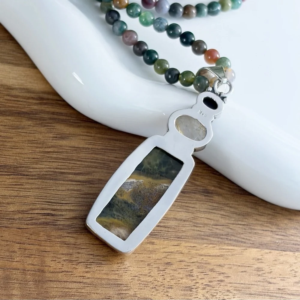 Onyx Golden Rutile Quartz Ocean Jasper Pendant Necklace Jewelry Set Lot New 925